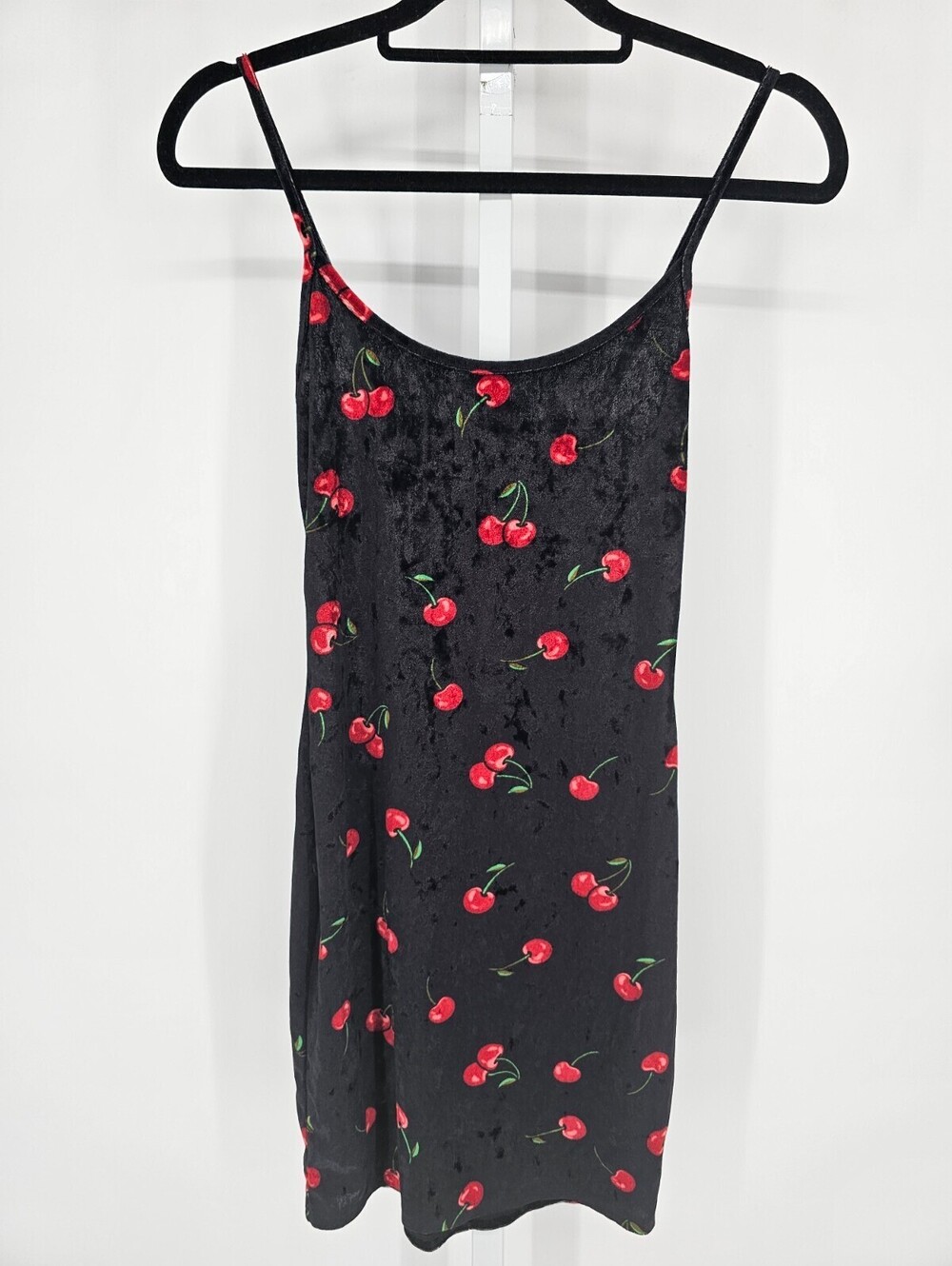 Y2K Bear Dance Womens Sz S Mini Slip Dress Black Velvet Cherry Print Sleeveless